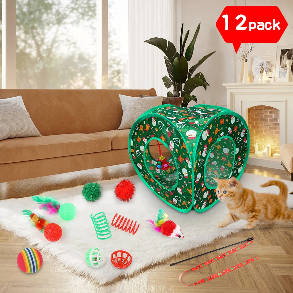 Cat Toy Set Christmas Design Folding Cat Tunnel Cat Nest - Stuffed Mouse - Funny Cat Stick - Plastic Ball Bell Toys and Other Combinations of Cats