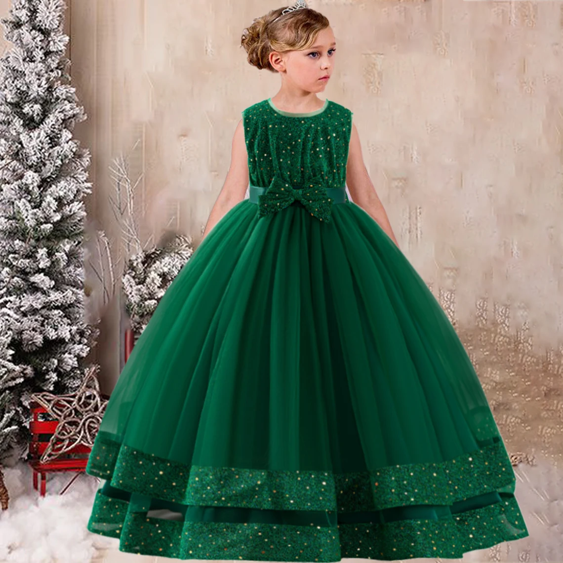 Elegant Girls Christmas Vintage Green Dress Kids Carnival Fluffy Bow Party Dresses Princess Gown For Evening Children Flash Wear