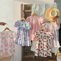 2025 Summer Kids Girls Dresses Short Sleeve A Line Girls Dresses Floral Print Pleated Dress For Girl