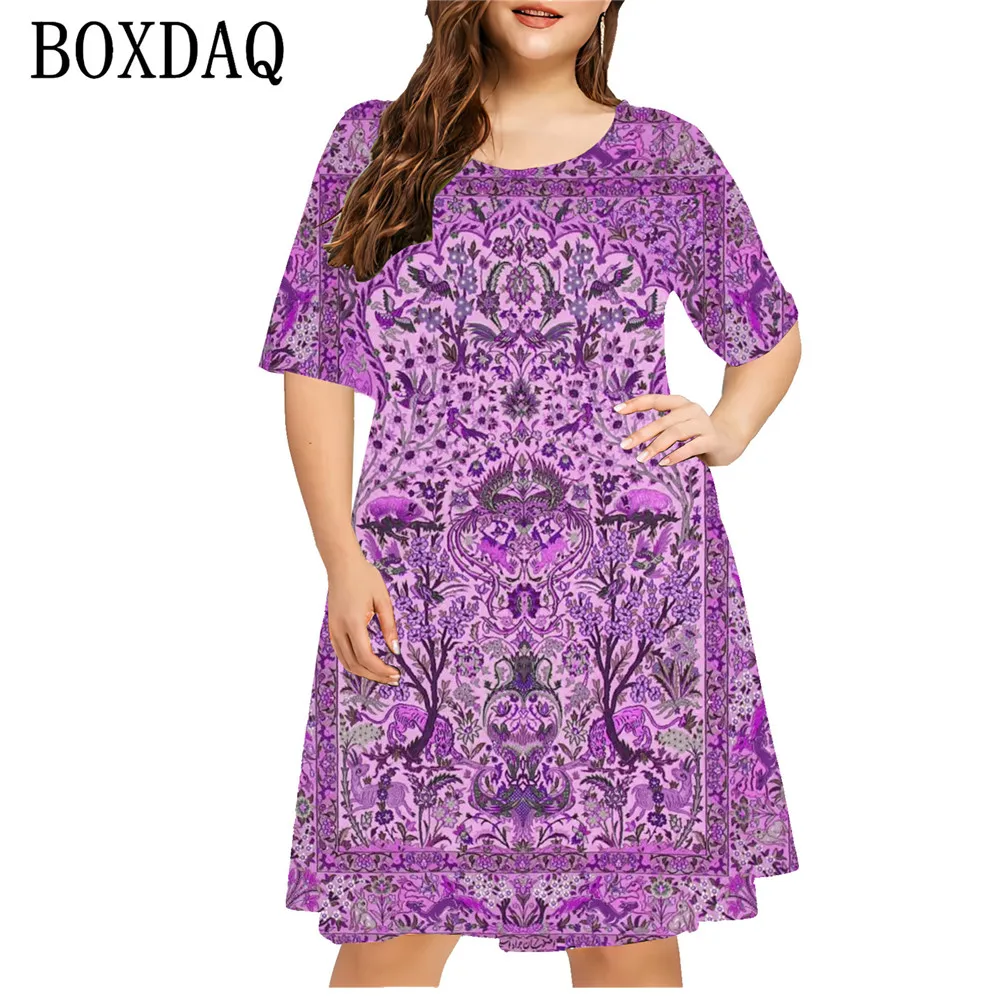 Ethnic Style Pattern 3D Print Dress Women Plus Size Casual Short Sleeve Loose A-Line Dress Summer Vintage Ladies Large Sizes 6XL