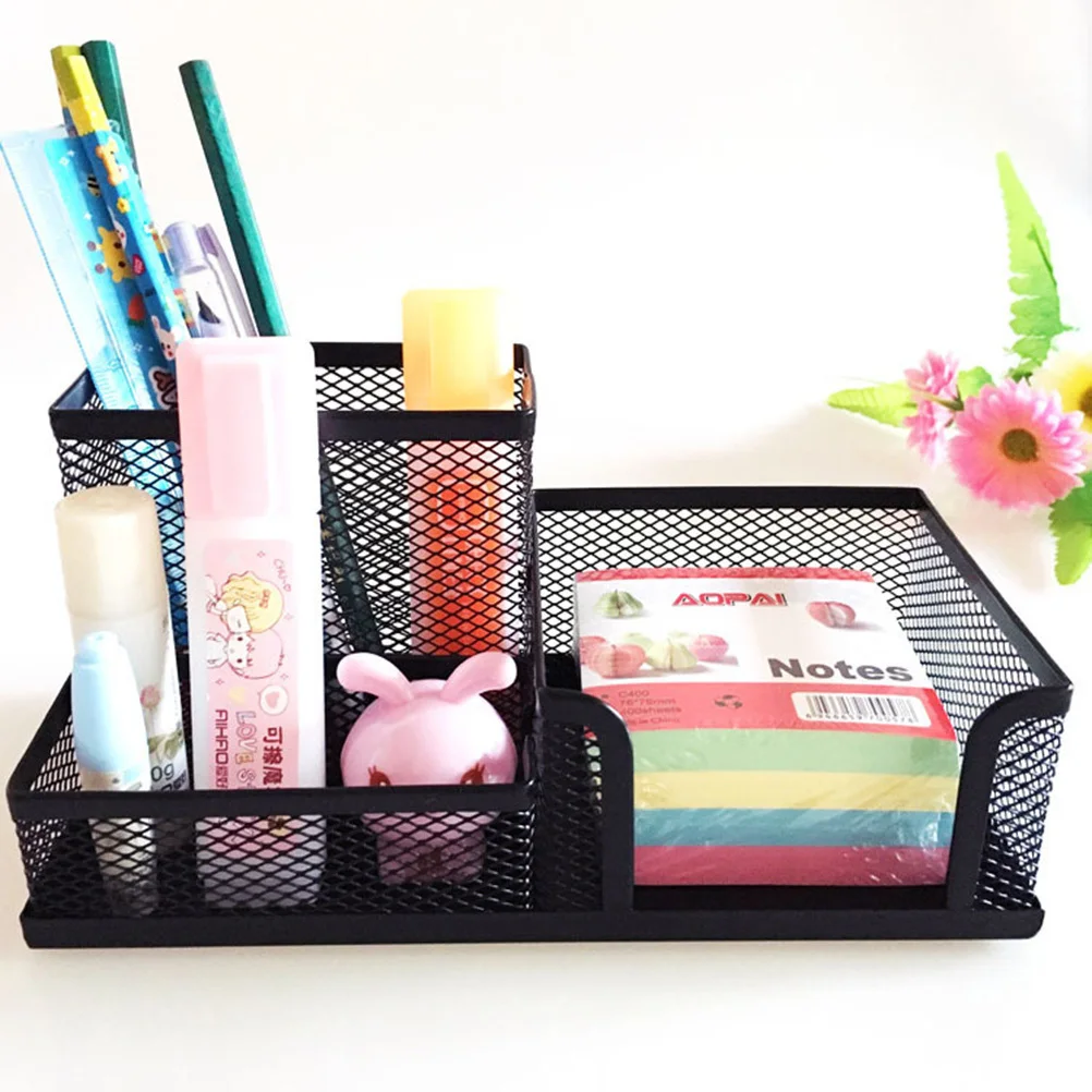 

Desktop Pen Bucket Hold Stationery Mesh Table Organizer Compartment Wrought Iron Metal Office Supplies