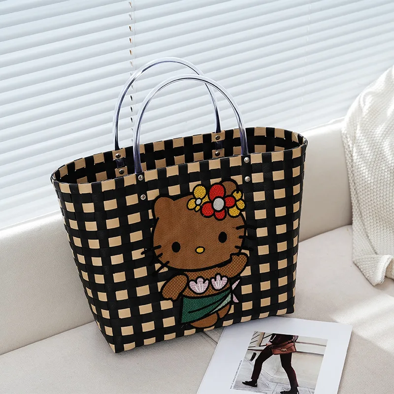 New Hawaii Kitty Cat Handwoven Bag Women'S Handbag Holiday Large-Capacity Waterproof Shoulder Bag Cartoon Embroidered Bag Gift