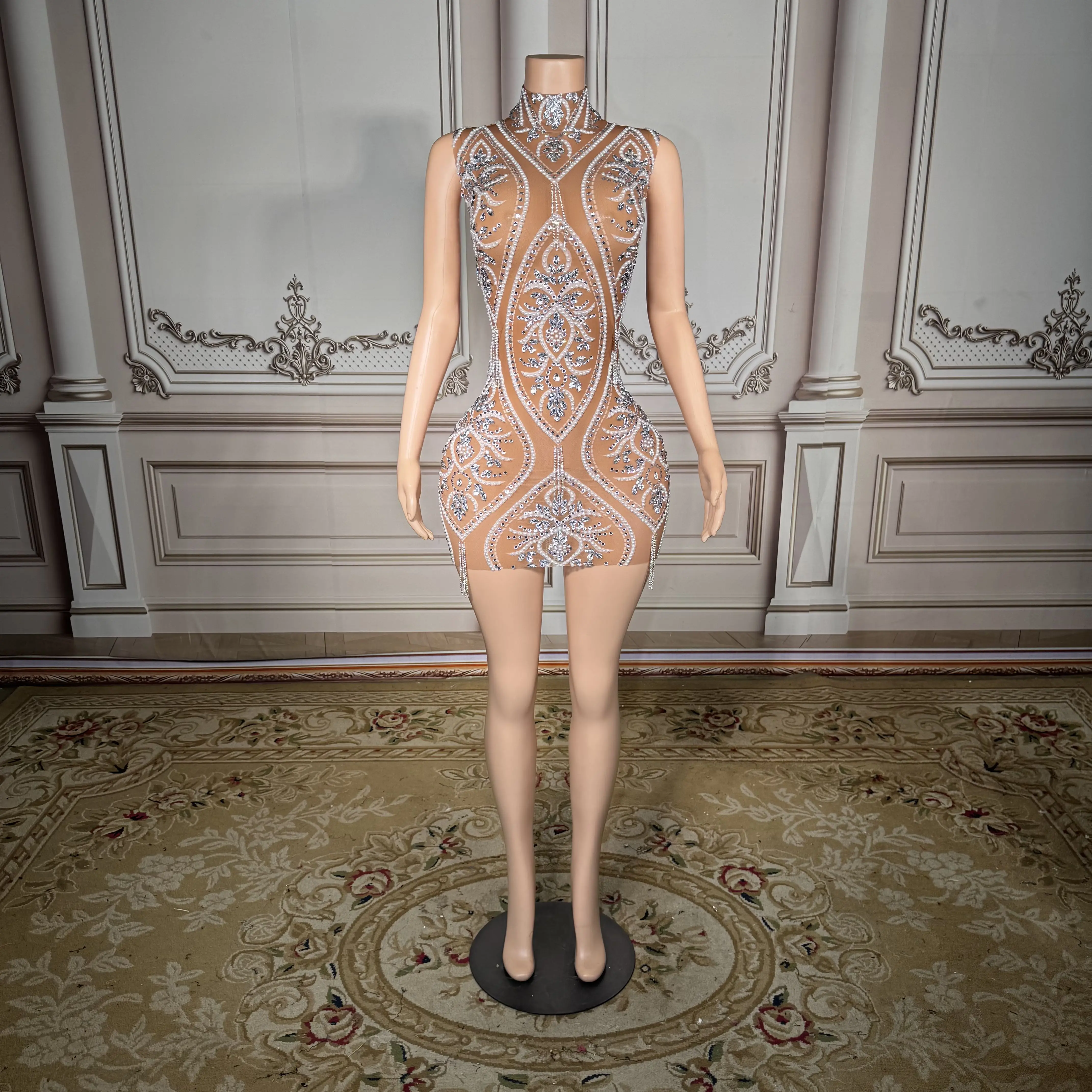 

ZD Women Sexy Sparkly Rhinestone Feathers Shining Sleeveless Mesh Floor Length Bodycon Birthday Dress Party Performance Costume