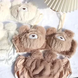 Japanese Girls Cute Lingerie Women Kawayii Cartoon Bear Students Plush Sexy Bra Wireless Thin Bras Set Winter Soft Ropa Interior