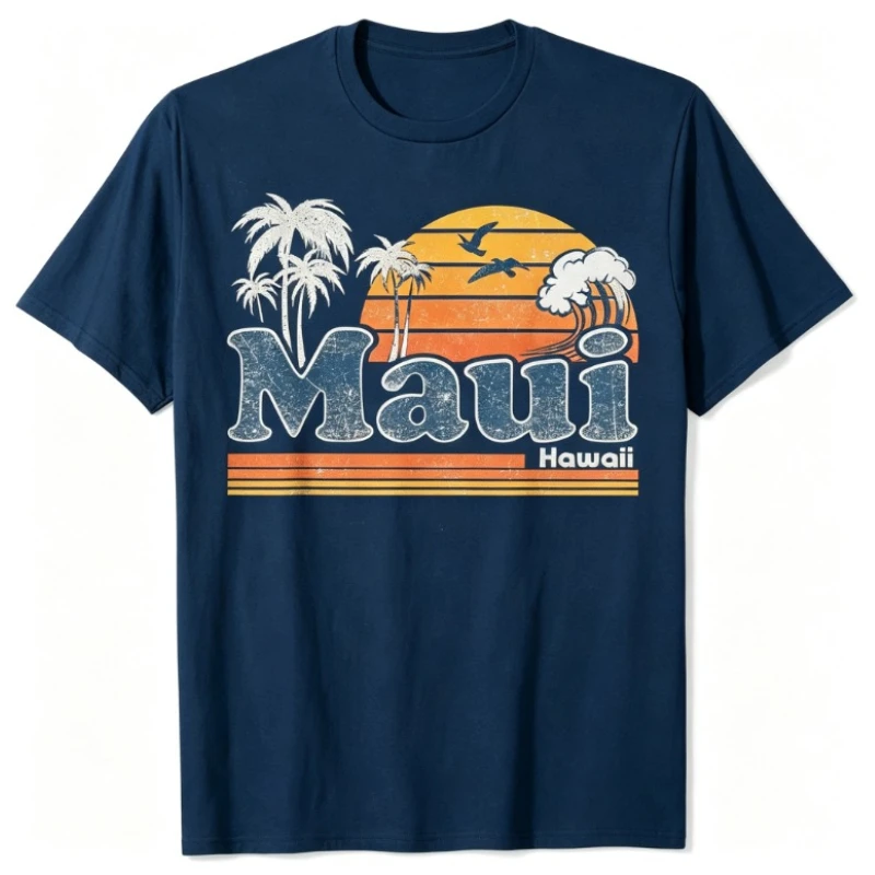 2026 Vintage Hawaii Travel T-Shirt - Maui Vintage Sunset Palm Tree Ocean Surf Pattern Round Neck Short Sleeve Unisex T-Shirt