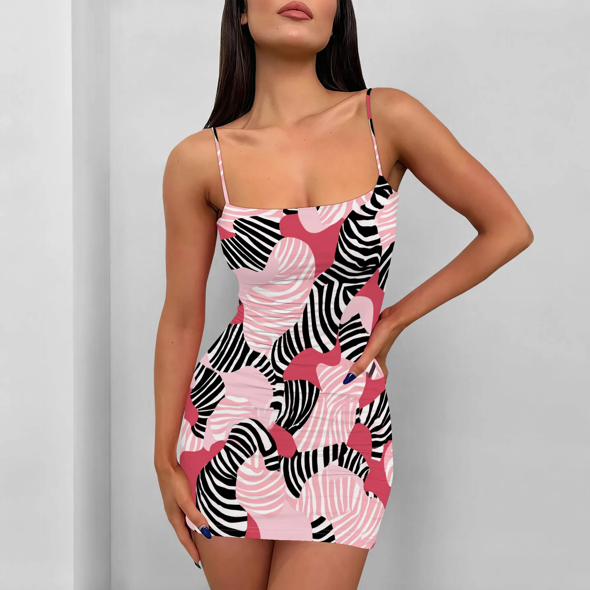 

Women's Abstract Print Mini Dress Plus Size Spaghetti Strap Bodycon Slim Fit 2025 Summer Fashion Party Outfit S-3XL