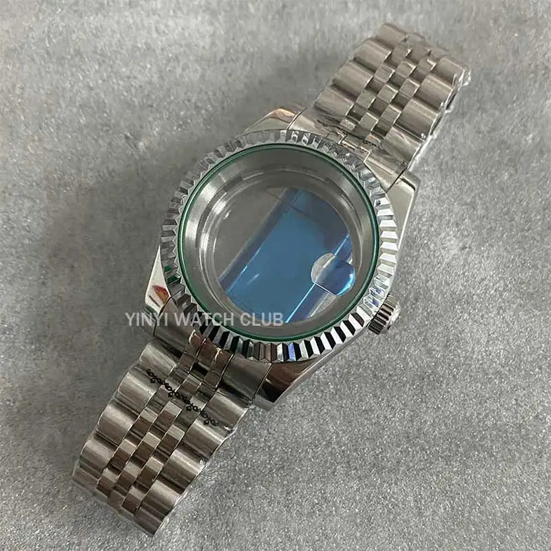 39mm Sliver Watch Case transparent bottom Sapphire mirror surface watch case + Strap suitable for NH35 NH36 movements ﻿