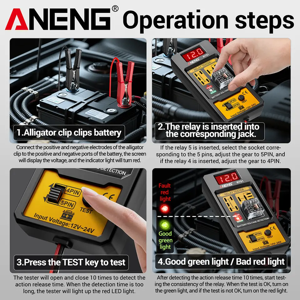 ANENG 11-25V Relay Detector RT01 Digital Universal 4/5 Pins Car Battery Vehicle Detection Digital Display Voltage Battery Tester - 3