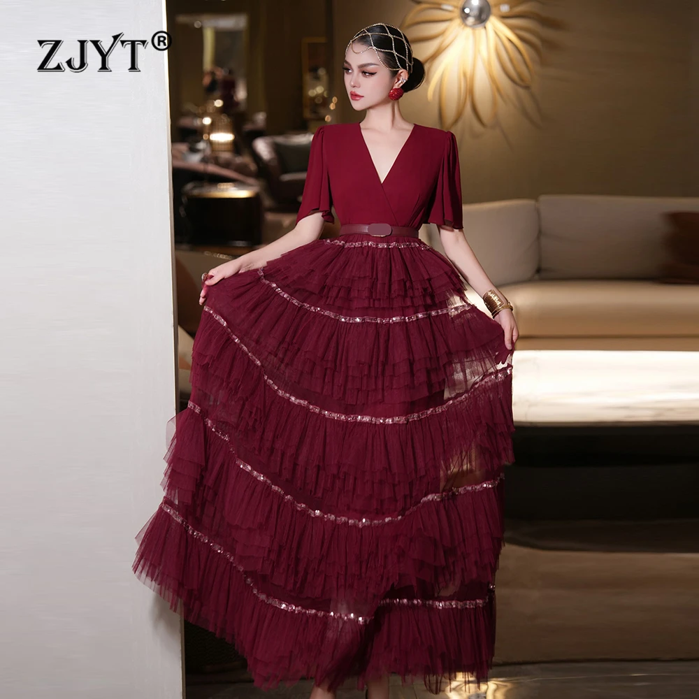 

ZJYT Elegant Luxury Summer Ruffles Tierred Long Maxi Dresses for Women Short Sleeve Mesh Patchwork Evening Party Dress Red Blue