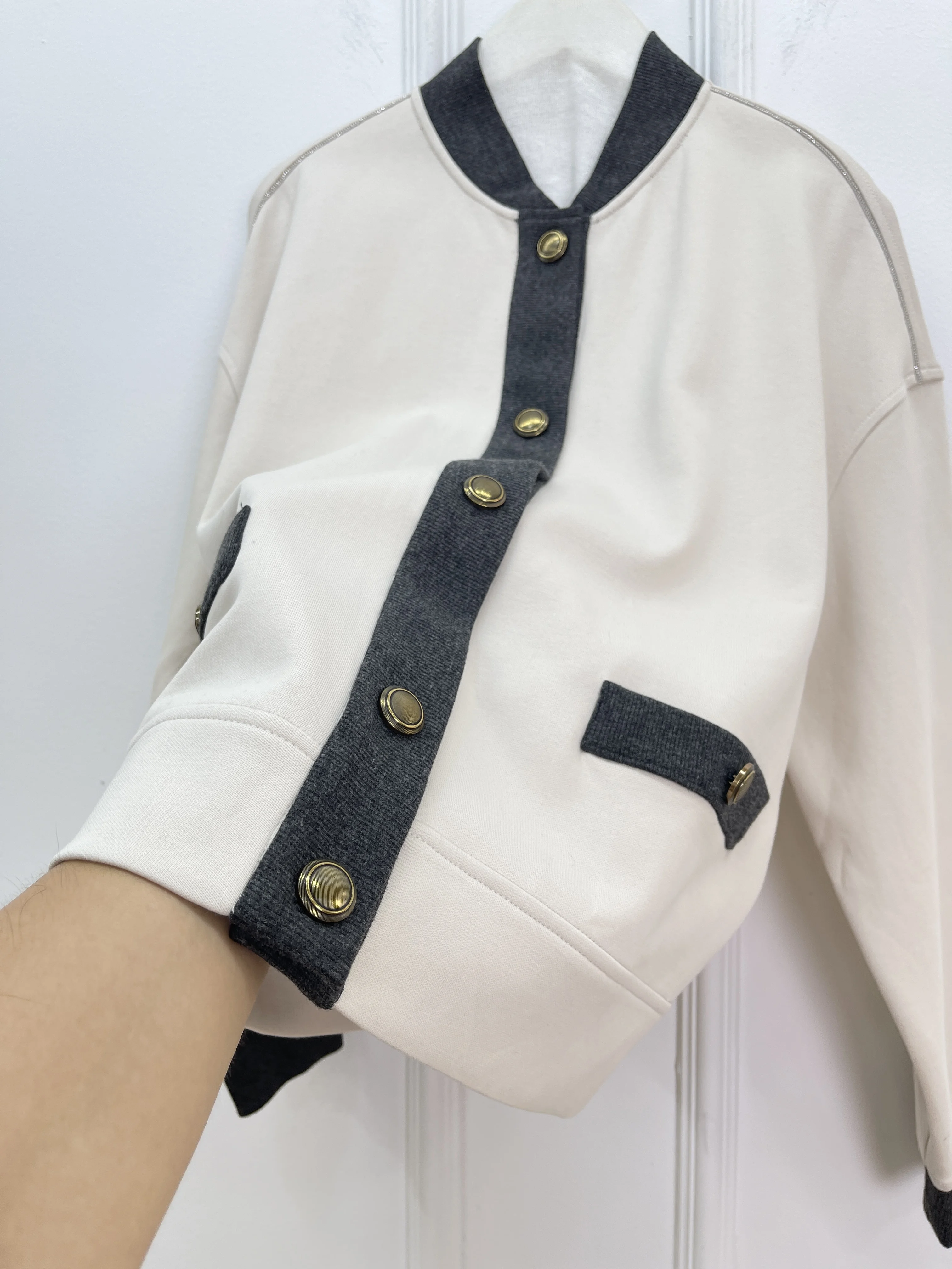 

High-Quality Beaded Stretch Cotton Casual Sports Suit Elegant Jacket Sweatshirt Wide-Leg Pants Two-Piece Set