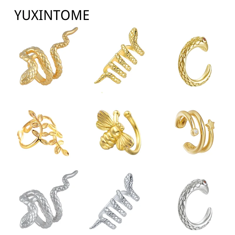 1PC Plated 24K Gold Vintage Creative Snake/Leaf 925 Silver Clip on Earrings for Women Gothic No Piercing Ear Cuff Party Gift