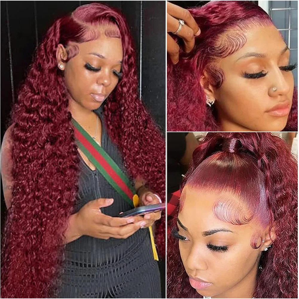 Bordeaux 13x6 HD Kant Frontaal Pruik van echt haar 40 inch Rood Gekleurde Krullende Pruiken 13x4 Hd Kant Water Diepe Golf Frontale Pruik 200 Dichtheid