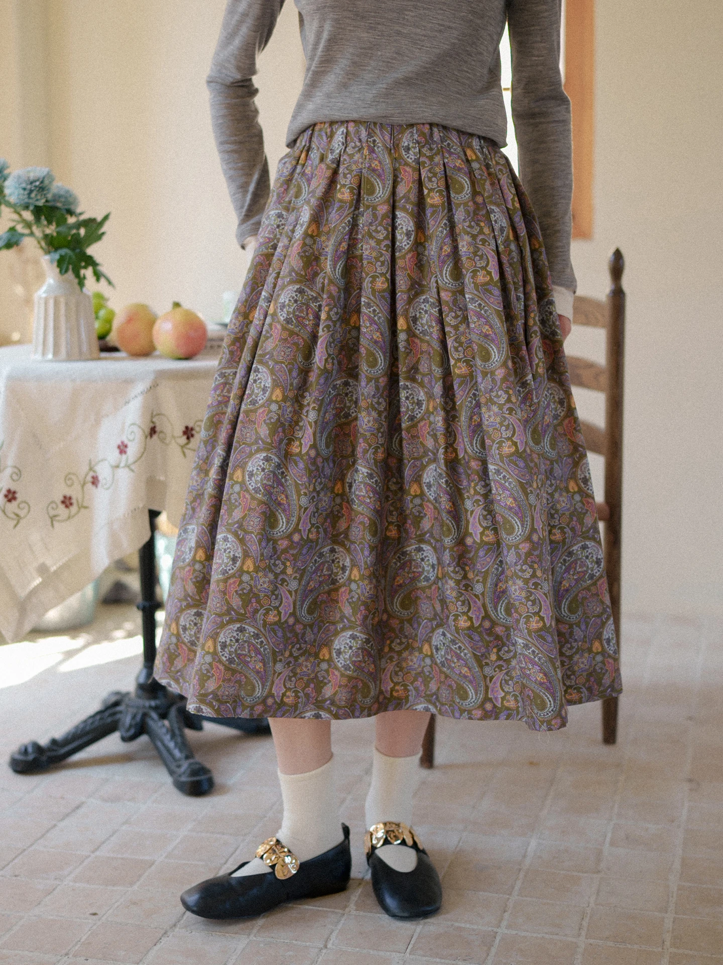 

Retro MarchNoon Paisley Floral Cotton Elastic Waist Half Skirt Midi Pleated Skirt Women's Daily Loose Fit Umbrella Skirt