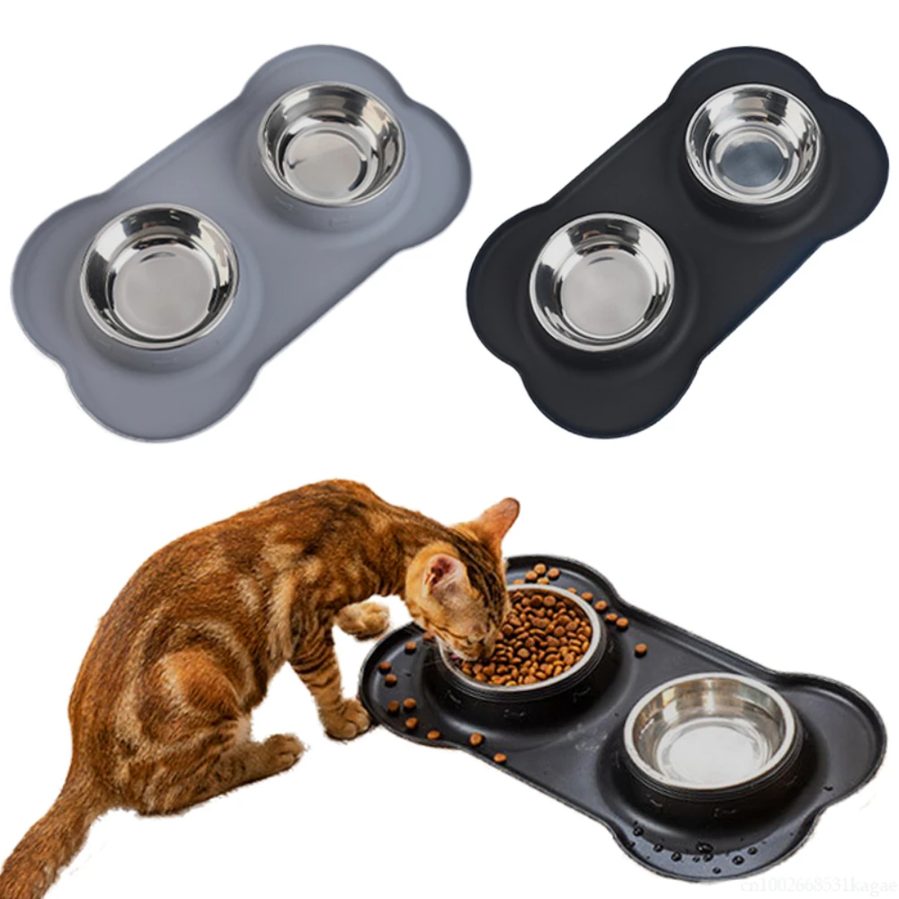 Double Dog Bowls with Silicone Mat Stainless Steel Water Food Feeder Cat Pet Feeding Drinking Bowls Kitten Puppy Accessories