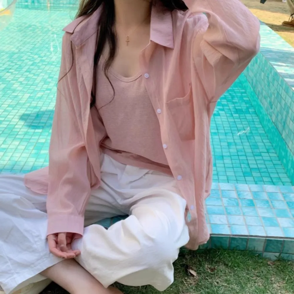 

Модная однотонная Солнцезащитная рубашка, тонкая летняя рубашка с длинным рукавом, универсальная блузка, свободная пляжная рубашка для женщин и девочек