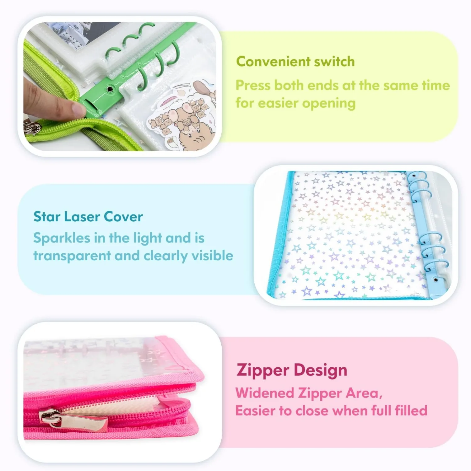4-in-1 Aufkleber-Aufbewahrungsmappe mit transparentem Stern-Glitzer-Cover, A5, wiederverwendbarer Aufkleberbehälter, großer Bastel-Aufkleber-Organizer – Detail 5