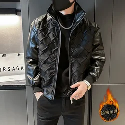 2023 Autumn Winter Thicken Warm Woven PU Patchwork Jacket for Men Fashion Casual Parkas Coats Social Bomber Jacket Men Clothing