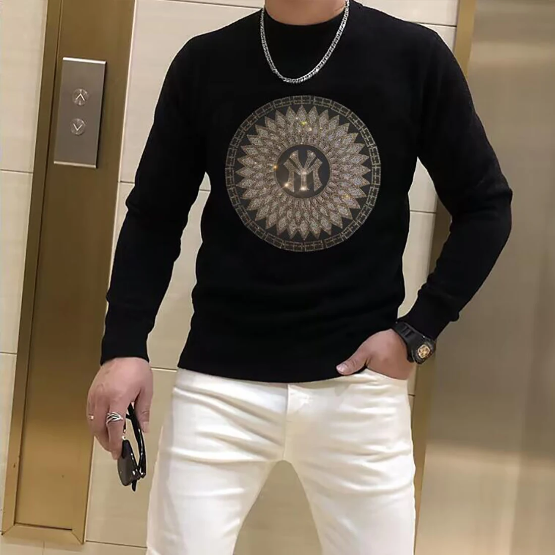 

Men Sweater Pullover Winter New Fashion Rhinestone Printing Luxury Popular Homme Warm Streetwear Black Inner Garment hot sale