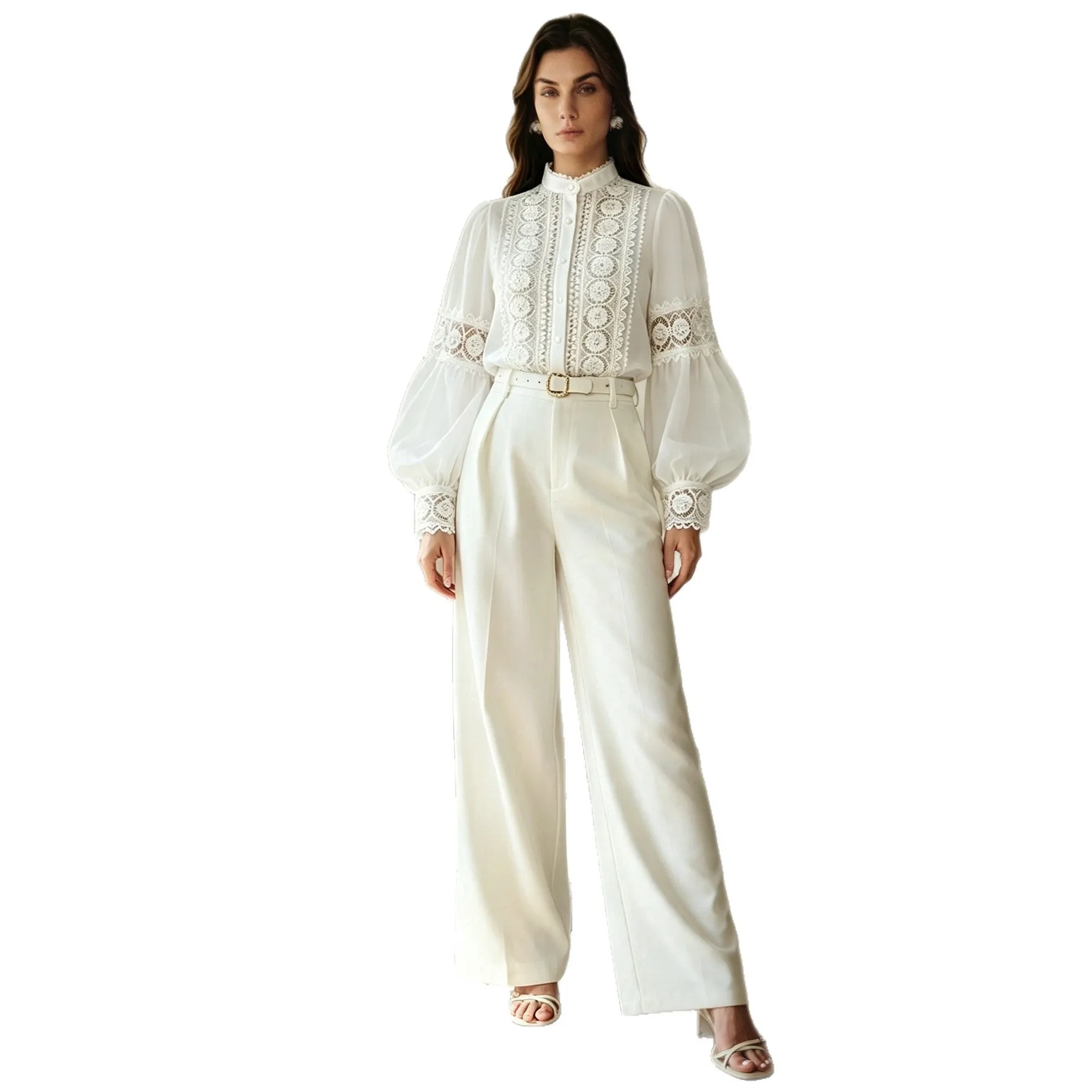 Elegant Lace Splice Hollow out Bubble Sleeve Stand Collar Women's Shirt Versatile Fashionable Cross-Border New Style Top