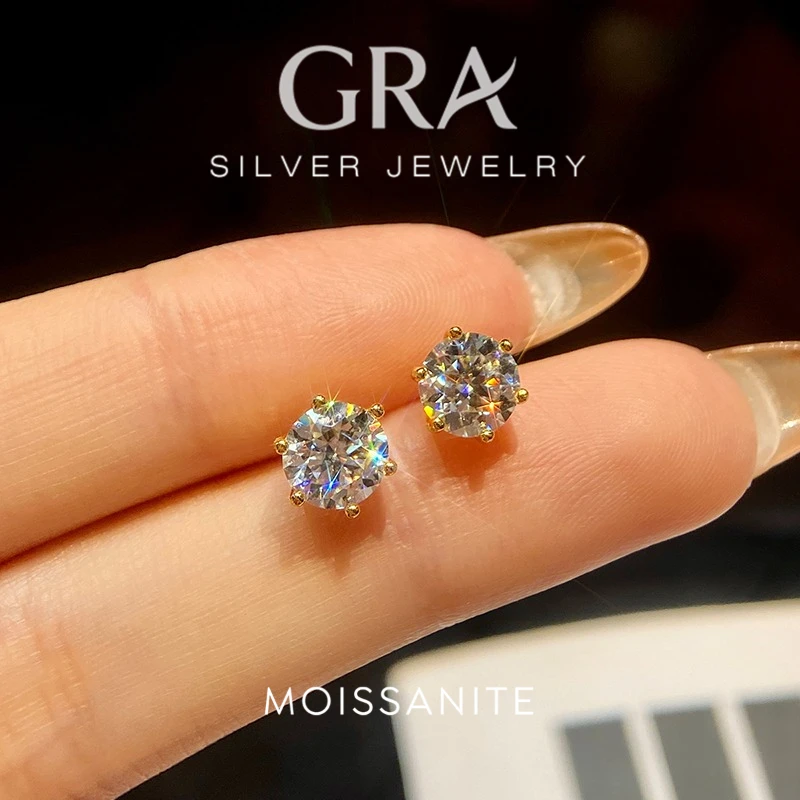 GRA 0.5ct-2ct D Color Certified Moissanite Stud Earrings Lab Created Diamond 925 Sterling Silver Gold Plated Wedding Jewelry