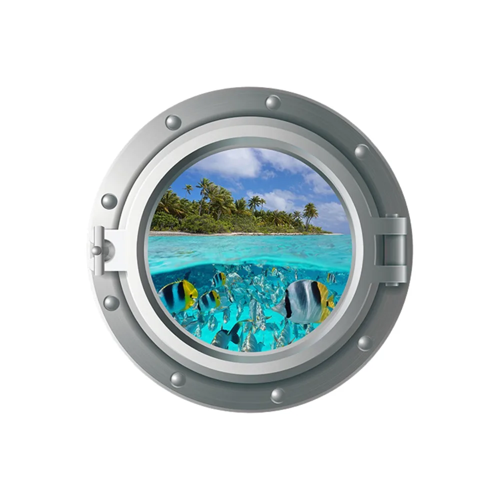 PVC Wall Decals Stickers 3D Effect Decorative Design 3D Ocean Wall Decals 35x35cm Porthole View Style Peel and Stick Wall Decals