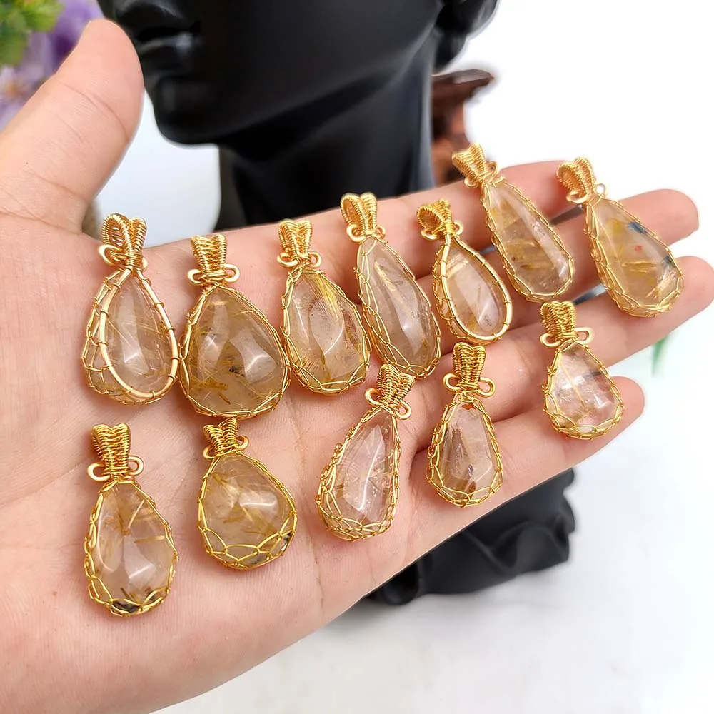 Natural Crystal Golden Rutilated Quartz Water Drop Pendant Wealthy Stone Healing Reiki Gems Woman Elegant Necklace Jewelry