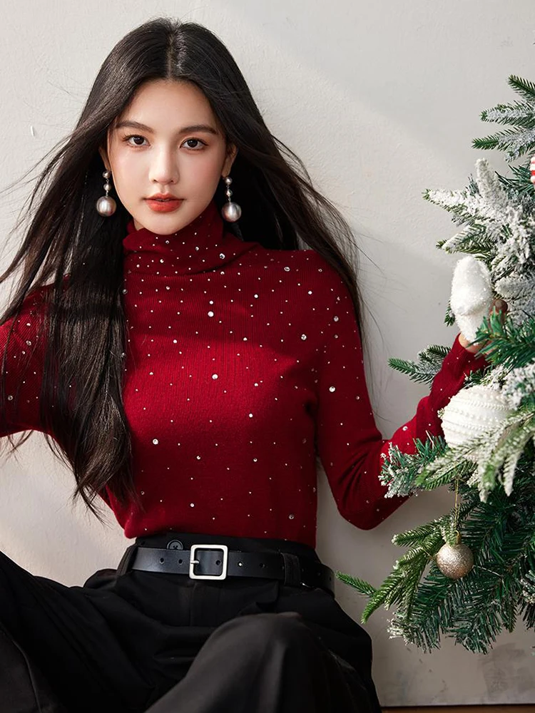 Autumn Winter Turtleneck Sweaters Women Sparkling Diamond Tops Slim Fit Pullover Fashion Long Sleeve Knitted Sweater