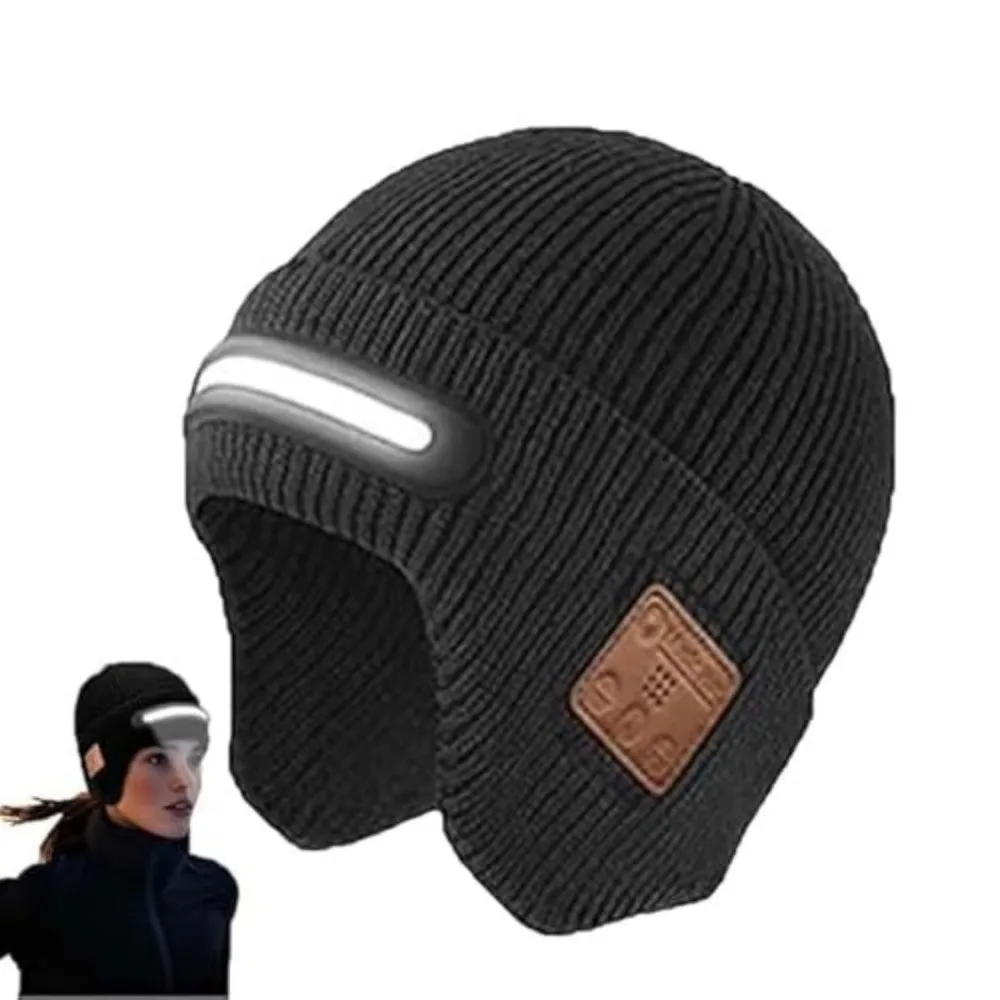 USB Rechargeable LED Lighted Beanie Hat Three-Stage Lighting Built-in Speaker Mic Bluetooth Earflap Hat Detachable