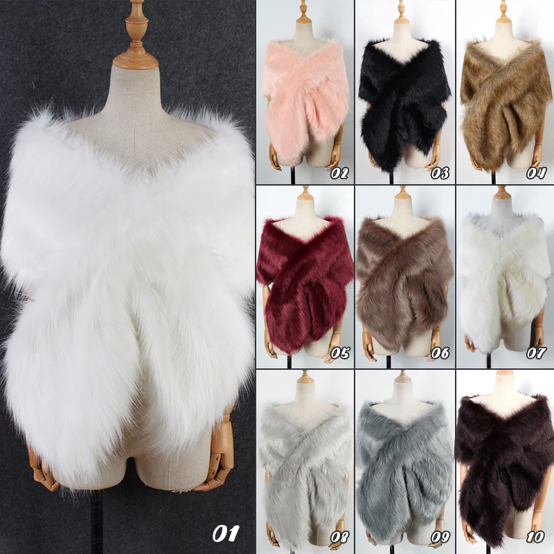 Women Fancy Bridal Wedding Shawl Cape Elegant Winter Warm Faux Fur Long Shawl Stole Wrap Scarf For Evening Party Decor Accessory