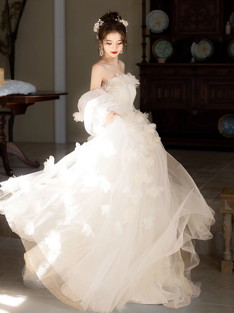 Princ Sle Wedding Dr New 2025 Ele Net Fabric Small Size Forest System Strapl Long Skirt High Quali for Bride