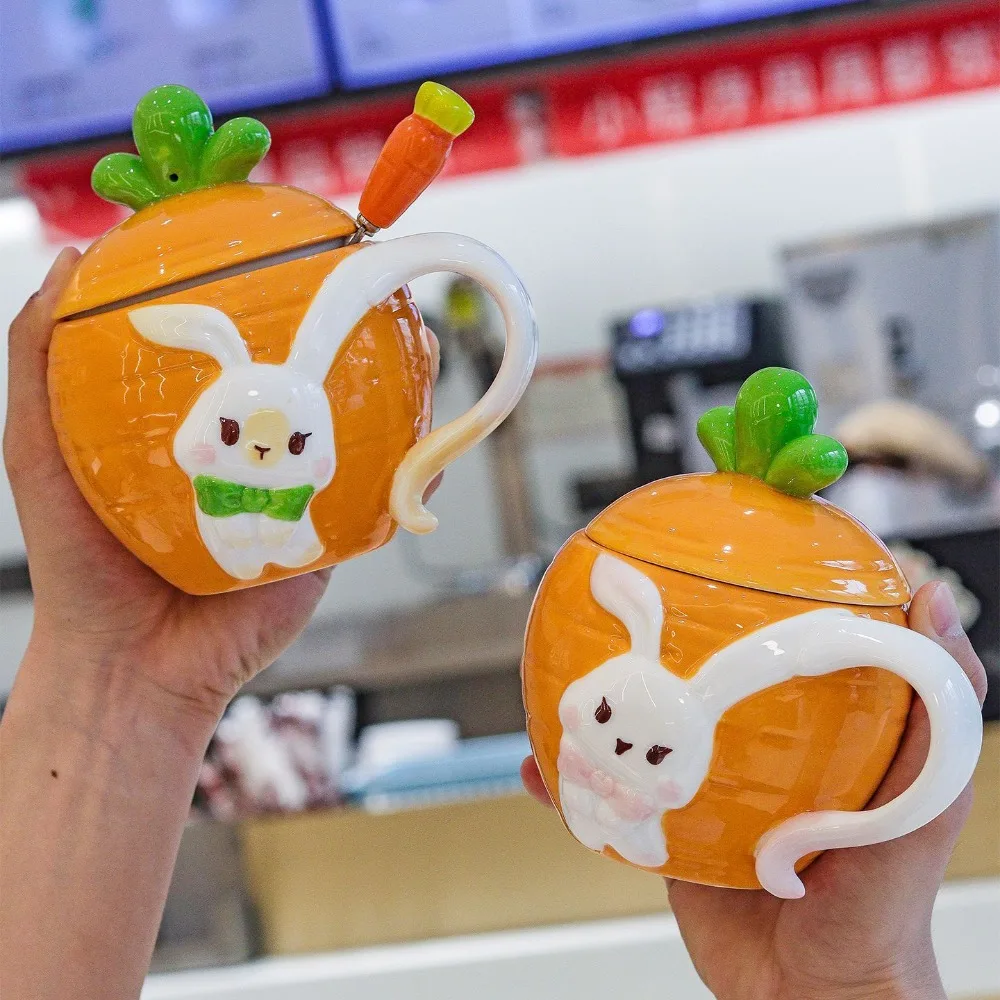 كوب سيراميك على شكل أرنب لطيف كوب سيراميك عالي القيمة مع غطاء كوب ماء للإفطار كوب منزلي كرتوني أدوات للشرب هدايا عيد الميلاد