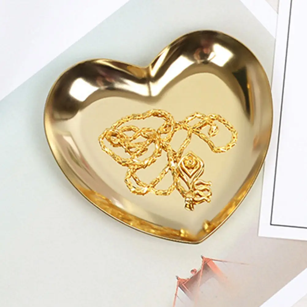2Pcs Heart Jewelry Tray Stainless Steel Ring Necklace Storage Plate Compact Romantic Jewellery Dish Trinket Organizer