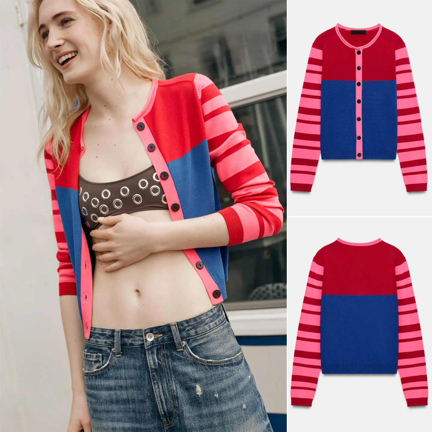 

Spring New Arrival Women's Lazy Style Single Button Long Sleeve round Neck Spliced Color Casual Knitted Open Cardigan Coat