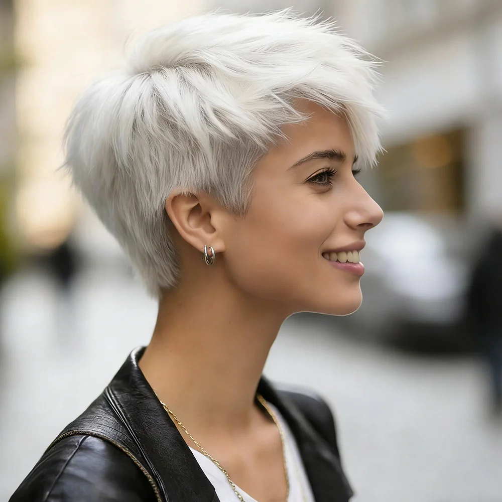 Platinum Blonde Pixie Cut Wig Short Straight Layered Wigs with Bangs for Women Bazilian Human Hair Wigs Machine Made 1B/60/P427
