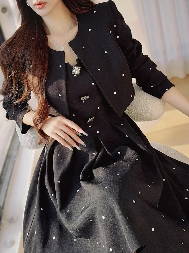 Black Polka Dot Dinner Event Dress Prom Formal Dress Women Elegant