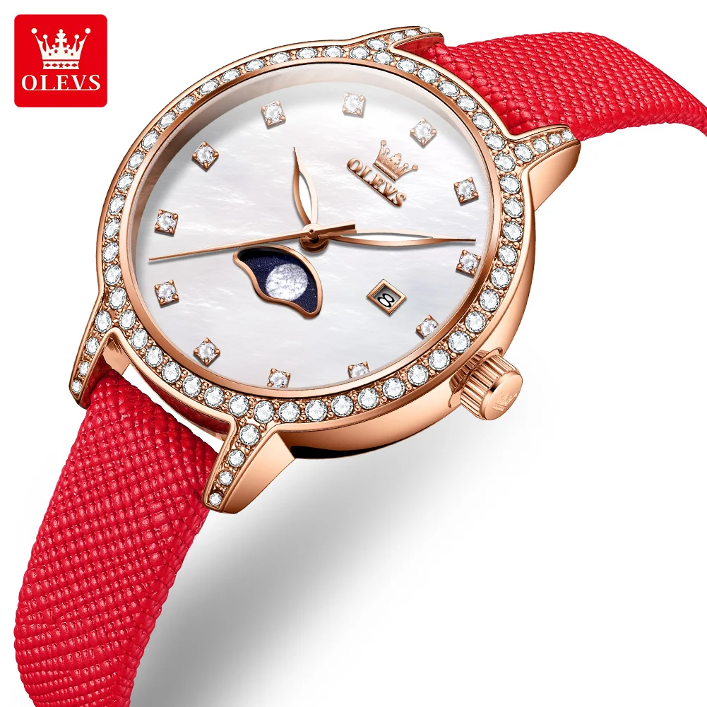 2025 New OLEVS Luxury Woman Wristwatch Elegant Waterproof Red Leather Watch for Ladies Diamond Quartz Women's Watches Reloj