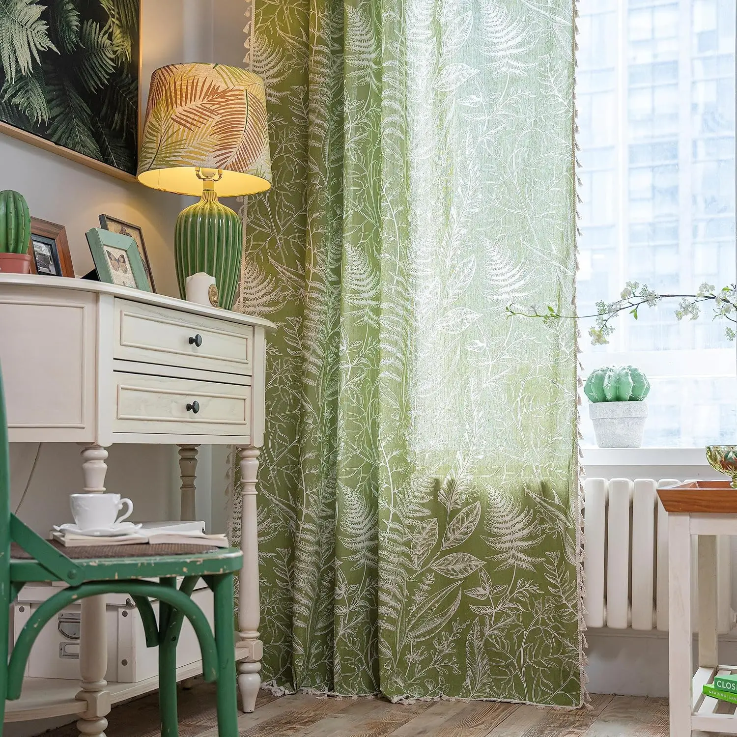 

Leaves Curtains for Living Room, Semi Sheer Boho Drapes Green Rustic Farmhouse Tassel Rod Pocket Window Curtain Panels, 1 Panel