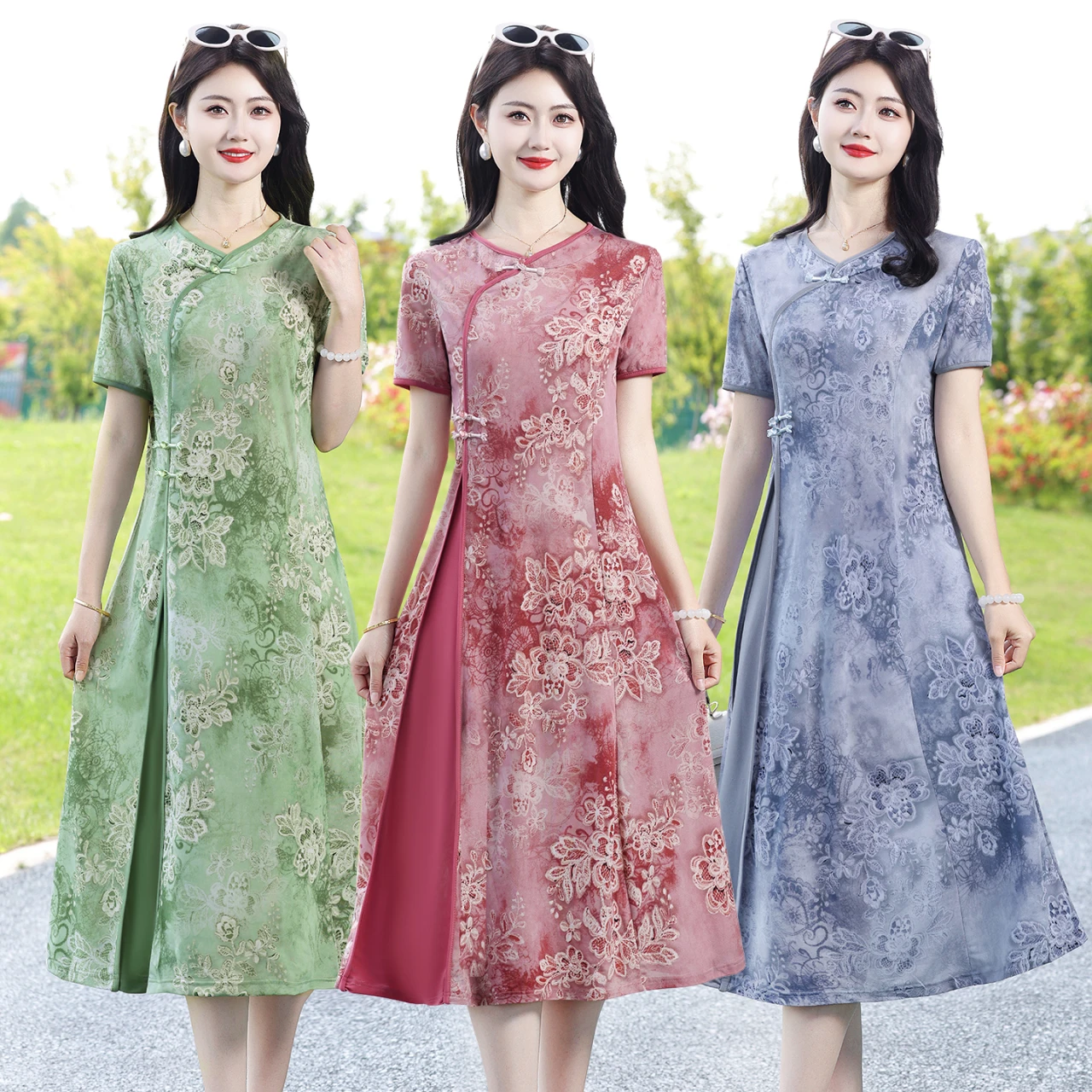 

Summer Casual Women's Floral Mid Length Dress Short Sleeved V-neck A-line Pocket Skirt Lightweight Workplace Party Plus Size