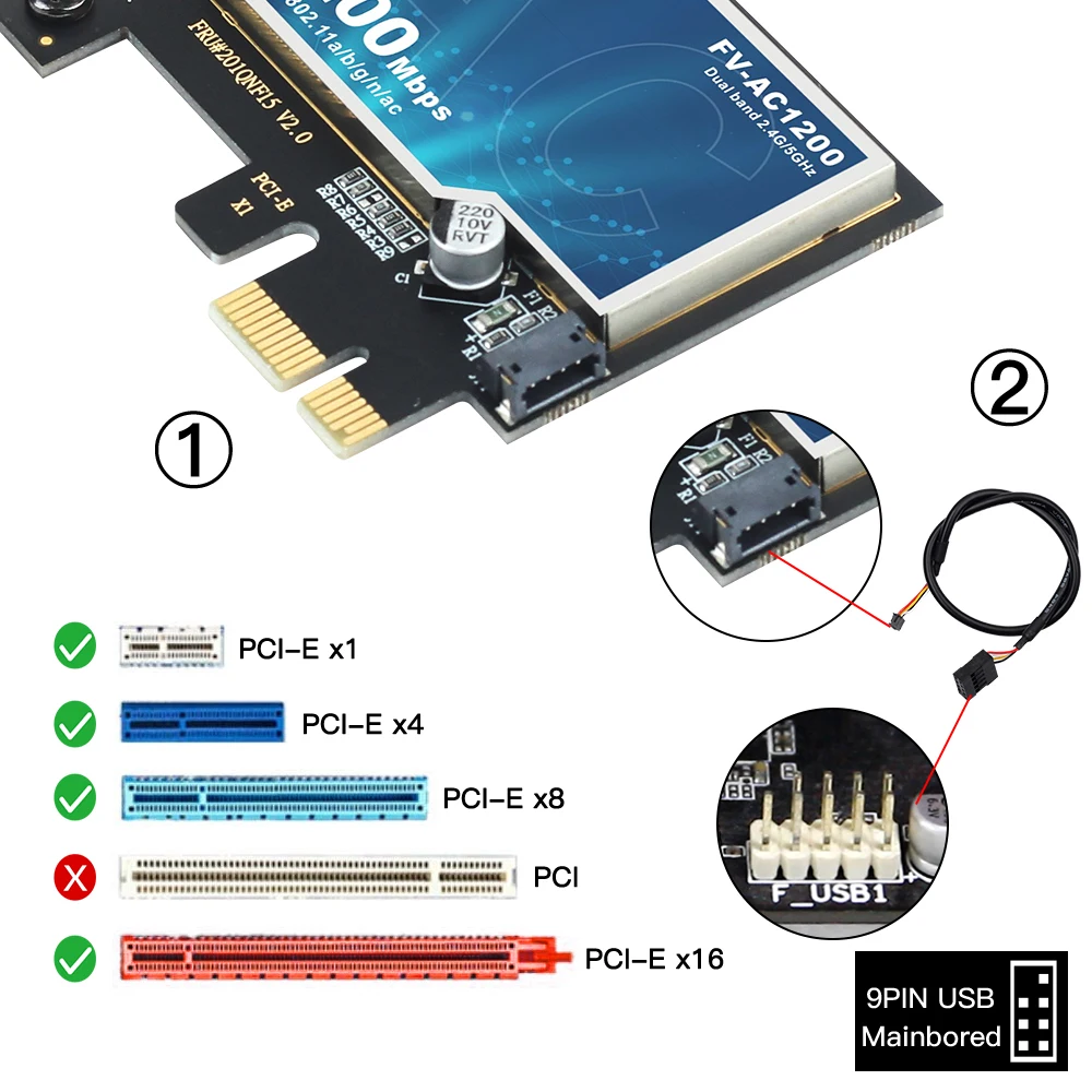 Fengvi-ワイヤレスネットワークカードac1200 pci-e,デュアルバンド,2.4g/5ghz, 802.11ac,Bluetooth 4.0,デスクトップ,ラップトップ,Windows 7/8/10/11