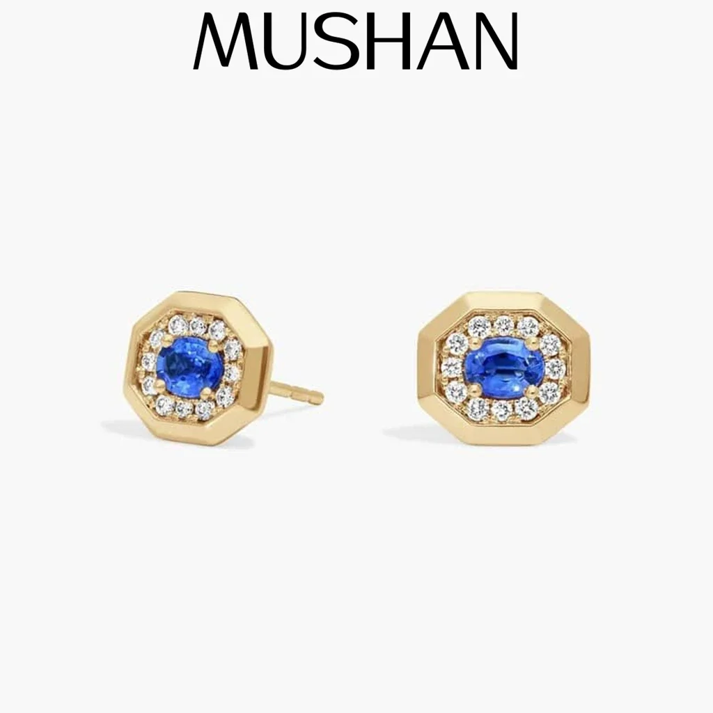 MUSHAN Custom Jewelry 925 Sterling Silver Earrings Lab Blue Ruby Oval Bridal Gift for Women 18K Gold Plated Anniversary Earring