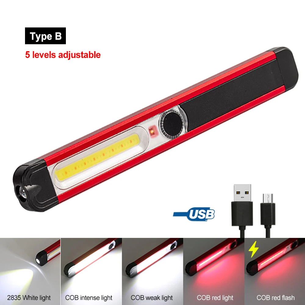 Powerful Work Light COB LED Flashlight Magnetic Work Lamp USB Rechargeable Torch Inspection Light with Red / White Light 4 Modes