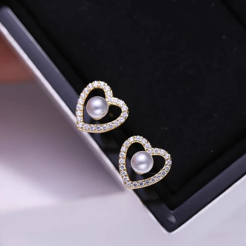 

MeiBaPJ DIY 925 Silver Holder 4mm Small Natural Nearround Pearls Heart Stud Earrings Fine Wedding Jewelry for Women
