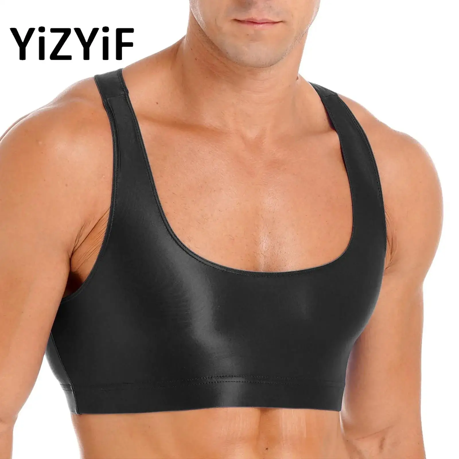 

Mens Cool Dry Sleeveless Racerback Compression Vest Glossy Sports Muscle T-Shirts Crop Tops Athletic Workout Tank Top