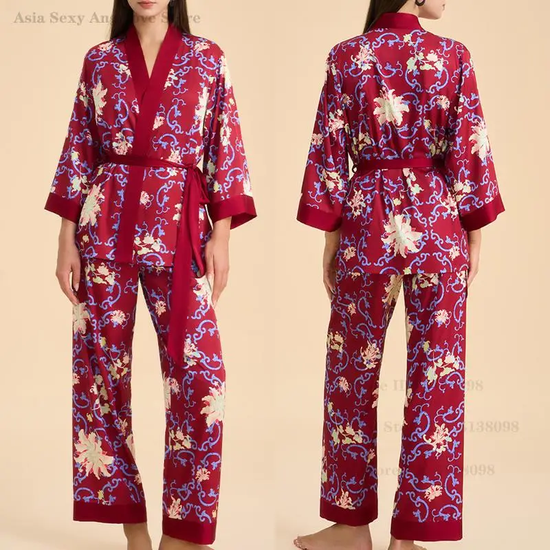 

Lady Luxury Sleepwear Bridal Pajamas Set Long Sleeved Cardigan Trouser Loungewear Print Flower Home Wear Lingerie Pijama Mujer