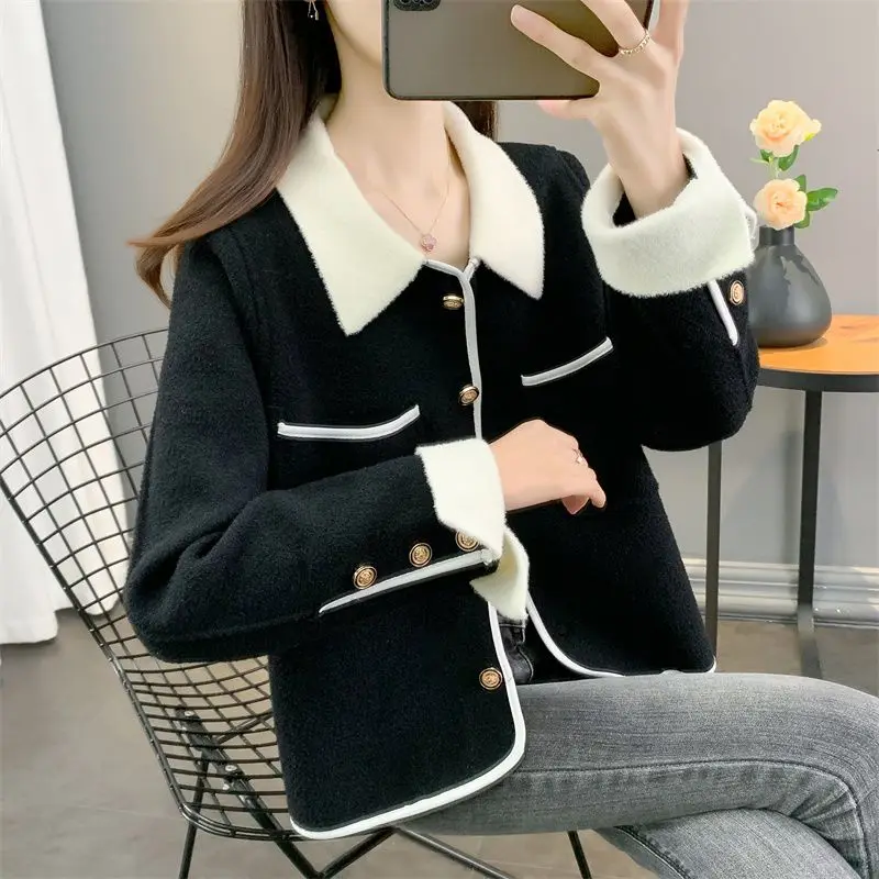 2023 New Skew Collar Knitted Long Sleeve Autumn Winter Slim Casual Solid Color Spliced Sweet Young Style Sweaters Cardigan