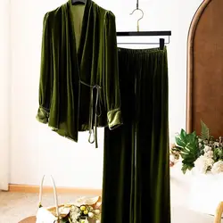 New Luxury High End Velvet 2 Piece Sets Women Outfit Fashion Lace Up V-neck Long Sleeve Cardigan Coat + Wide Leg Pants Suits