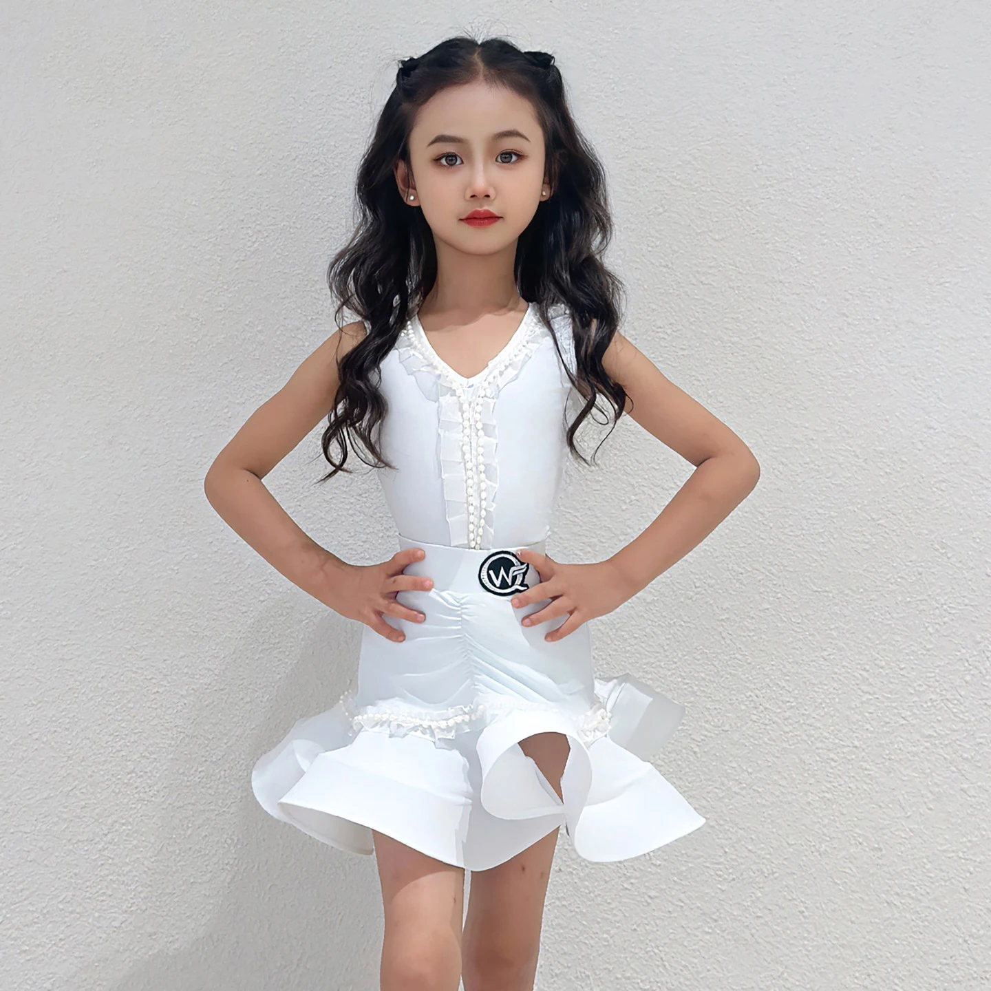 

White Latin Dance Competition Dress Girls Latin Dance Performance Costume Kids Chacha Samba Ballroom Dance Clothes SL13609
