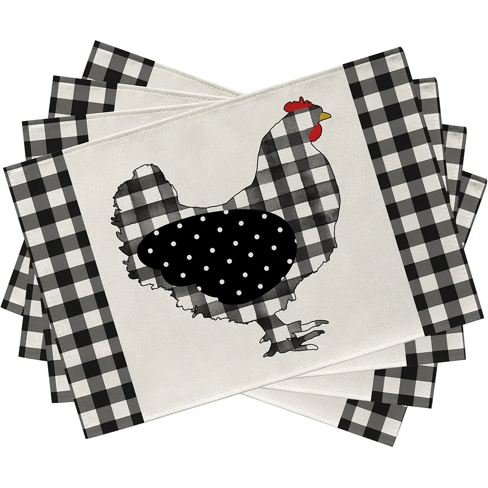 

4pcs Farm Chicken Hen Animal Placemats Set of 4, Black White Buffalo Check Plaid Farmhouse Chick Dining Table Place Mats, Spring