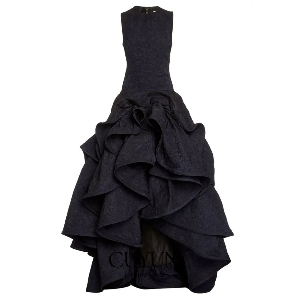 

CUYUN Black Embossed Fabric Sleeveless Evening Dress Tiered Irregular Prom Women Customized Party فساتين سهرة