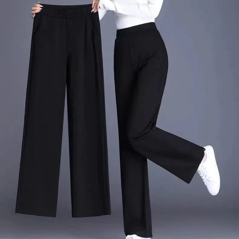 Simplicity Fashion Autumn New Pants Women Solid Elastic High Waist Pockets Temperamen Casual Loose Straight Wide Leg Trousers